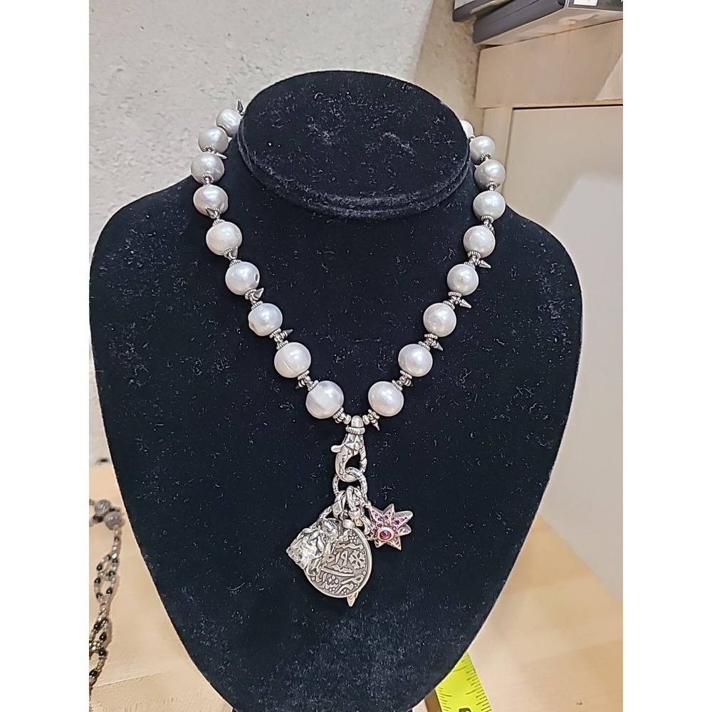 Pearl Charms Necklace Pendants Glyph Starburst Lion's Head Silvertone VTG Native